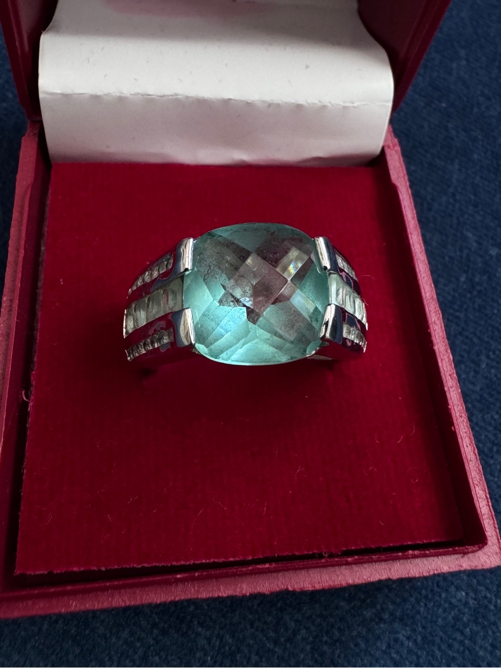 Stunning Silver tone With blue Light green stone Ring size 9